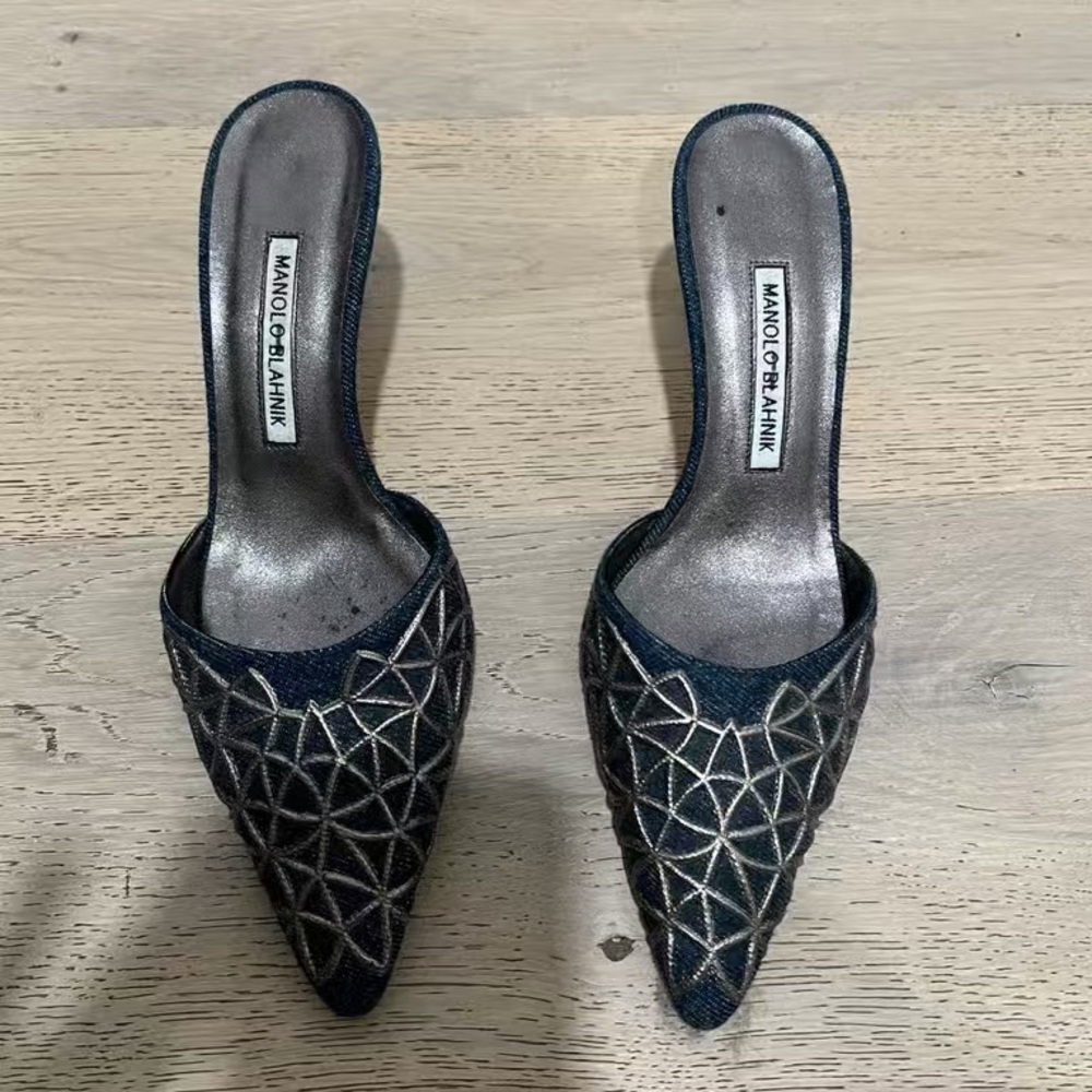 Manolo Blahnik Black and Silver Patterned Mules